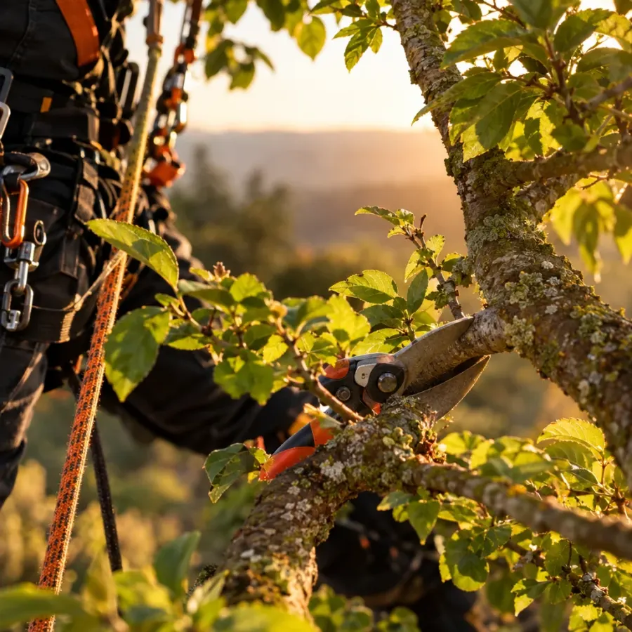 Élagueur grimpeur Normand paysagiste au travail dans un arbre en Normandie