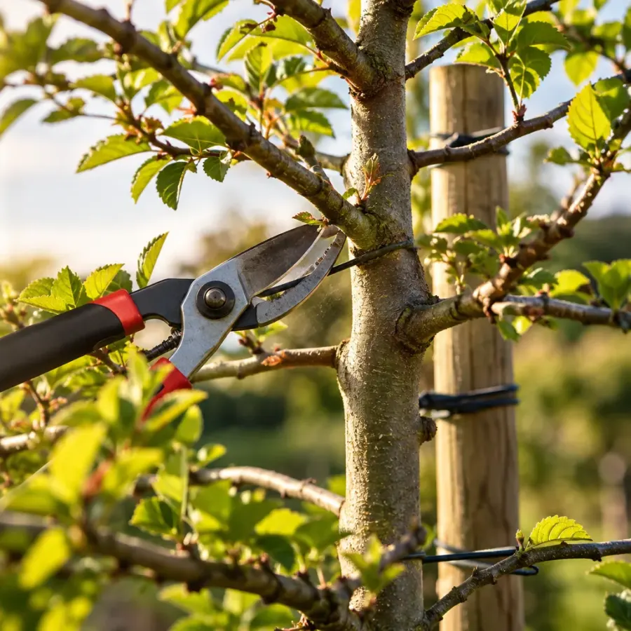 Taille de formation d’un jeune arbre dans un jardin du Pays de Bray